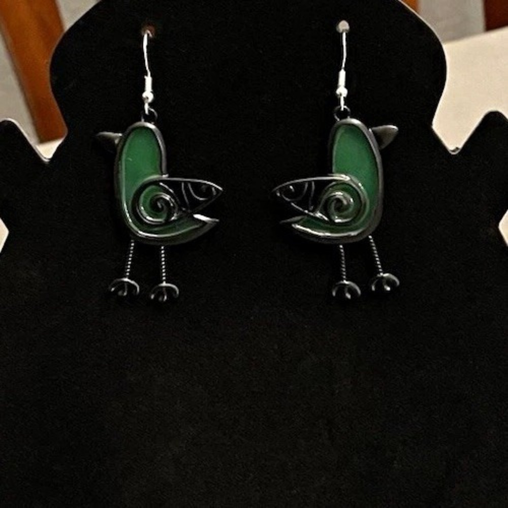 Bird Dangle Earrings Green Stained Glass Look Whimsical Boho Statement Jewelry